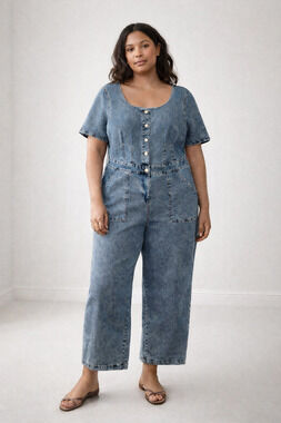 Ava & Viv Plus Size 20 Denim Jumpsuit Wide Leg Stretch Blue Jean Buttons Pockets